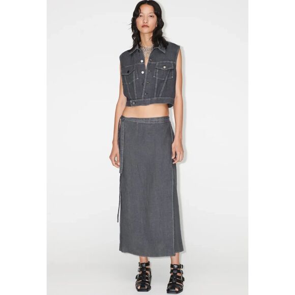Dark Gray Zara Linen Tie-Waist Maxi Wrap Skirt (NWT) - Picture 1 of 8